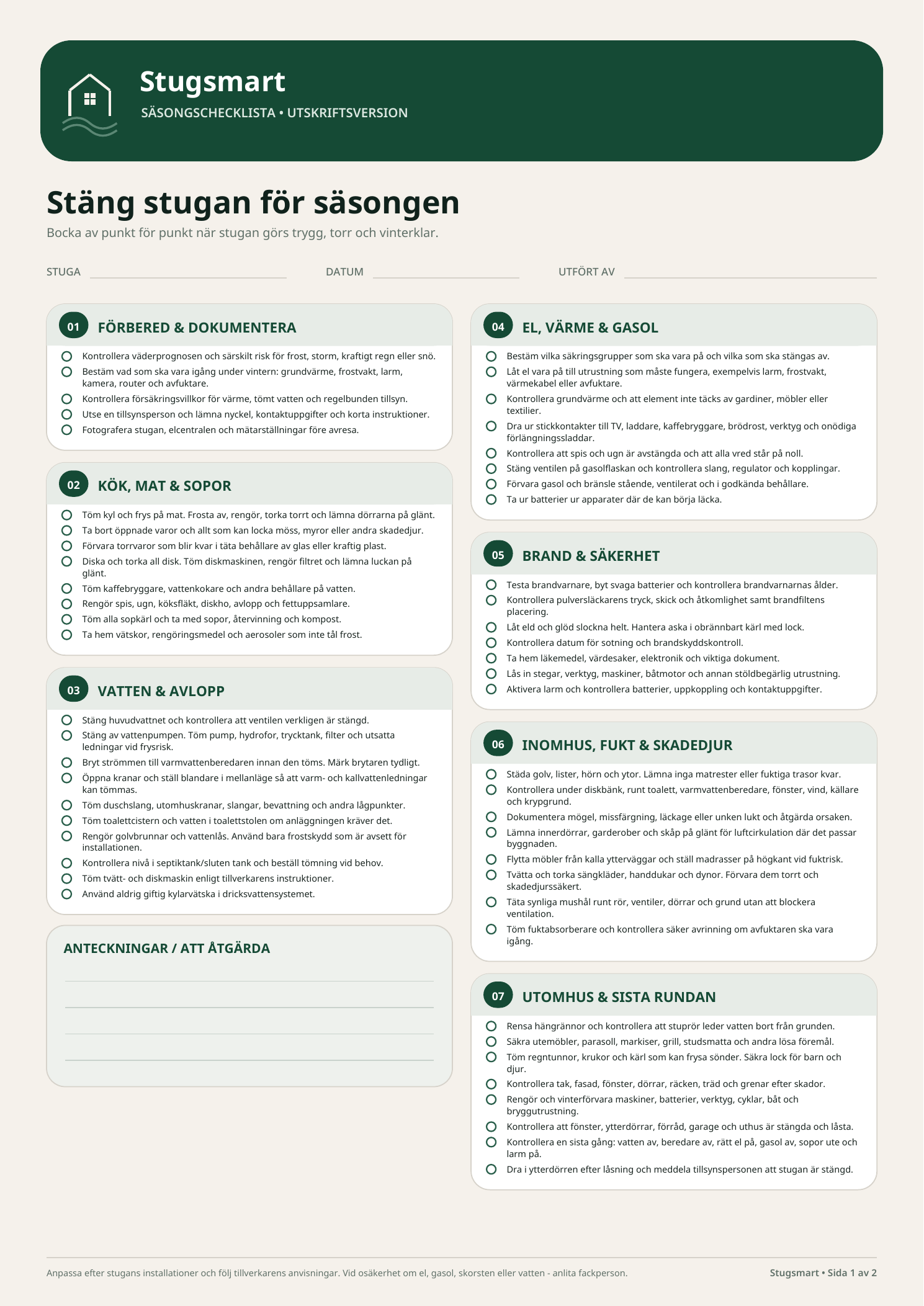 Stugsmart säsongschecklista för att stänga stugan på hösten