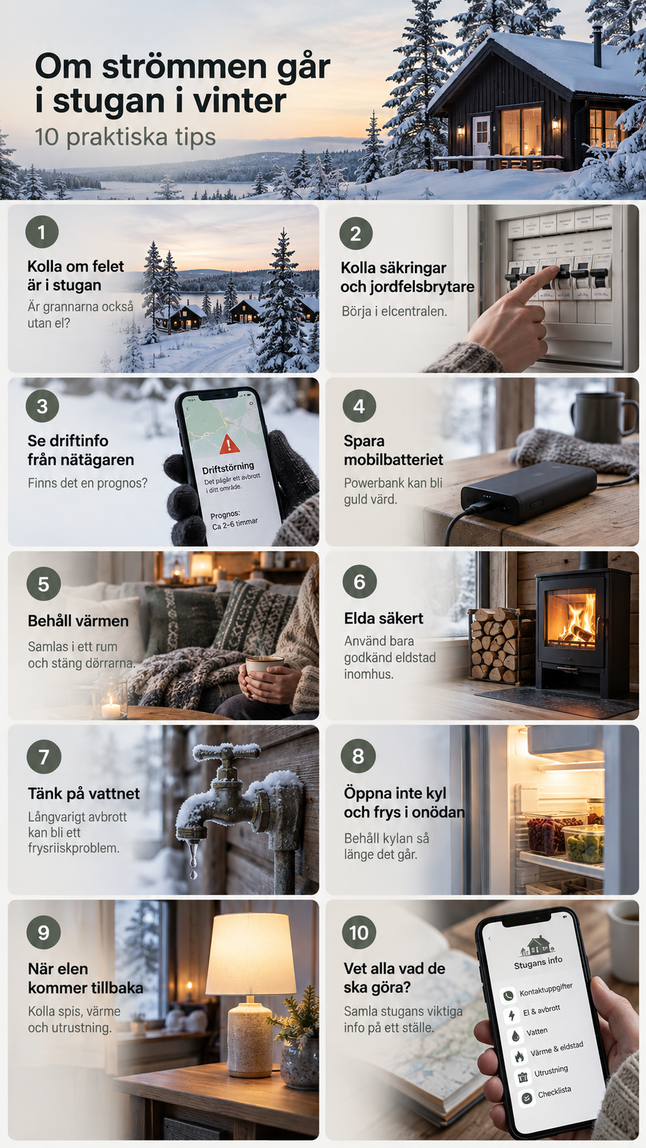 Guide med tio tips när strömmen går i stugan: kolla om felet är i stugan, kontrollera säkringar och jordfelsbrytare, läs driftinformation från nätägaren, spara mobilbatteriet med powerbank, samlas i ett rum för värmen, elda säkert i godkänd eldstad, tänk på frysrisk för vattnet, öppna inte kyl och frys i onödan, kontrollera spis och värme när elen kommer tillbaka, och samla stugans viktiga uppgifter på ett ställe.