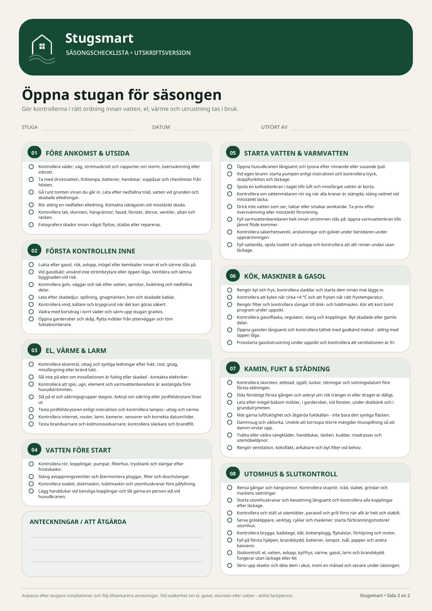 Stugsmart säsongschecklista för att öppna stugan på våren