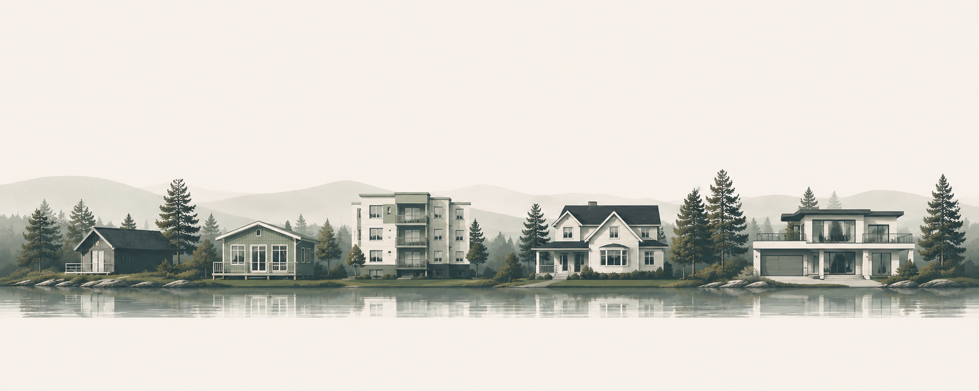Illustration av olika hus och stugor vid en sjö